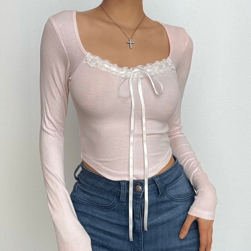 Ribbed Lace Hem Long Sleeve Contrast Square Neck Crop Top - Y2K Coquette Aesthetic Fashion