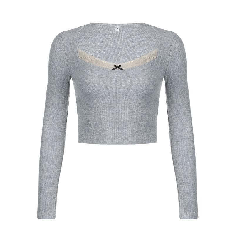 Ribbed Lace Hem Long Sleeve Contrast V-Neck Crop Top - Y2K Aesthetic Cute Top