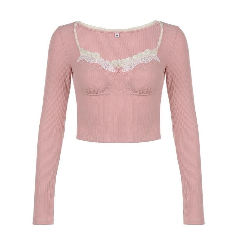 Ribbed Lace Hem Long Sleeve Ruched Top - Y2K Aesthetic Cute Crop for Coquette & Grunge Styles