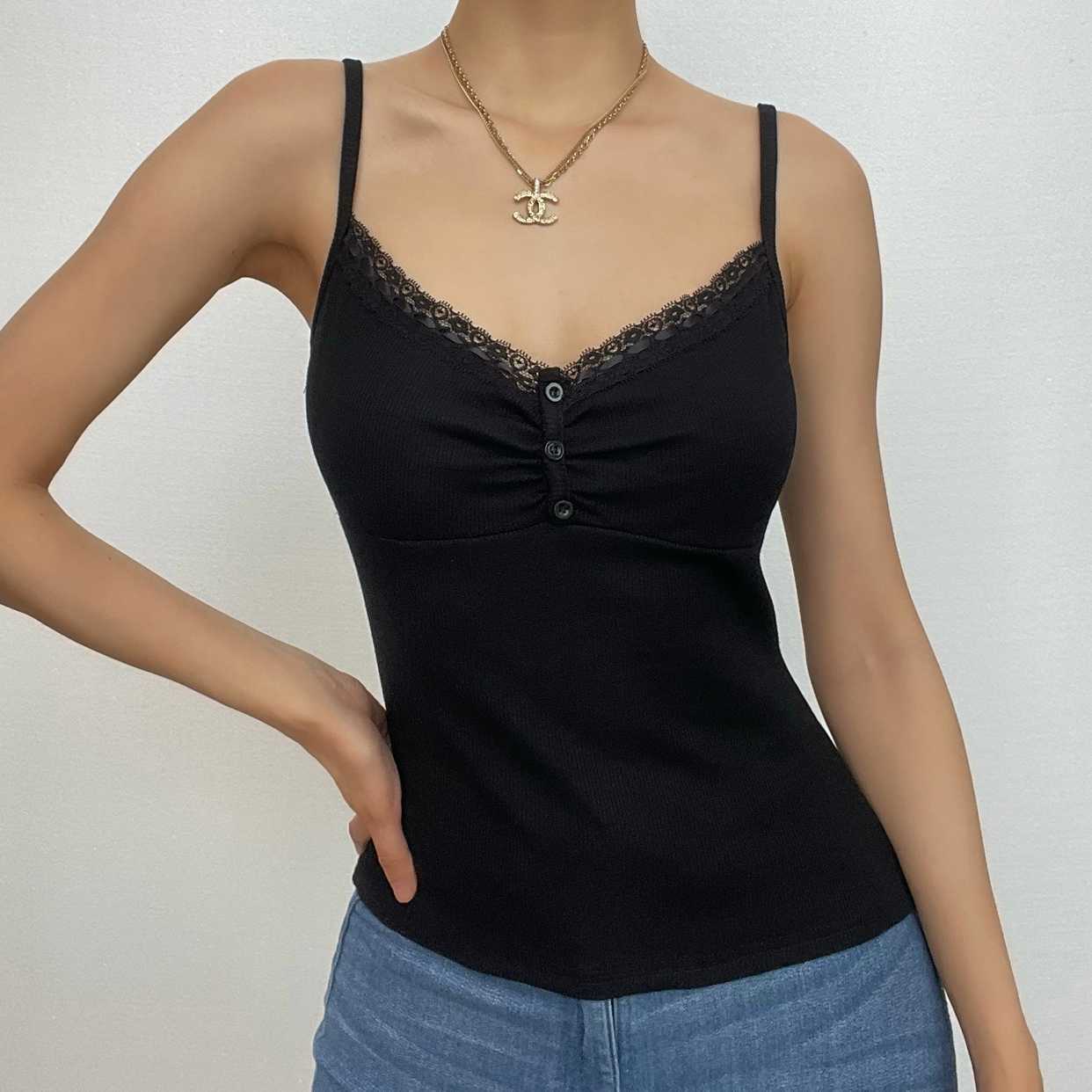 Ribbed Lace Hem V-Neck Backless Cami Top - Y2K Aesthetic Cute Crop for Grunge & Coquette Styles