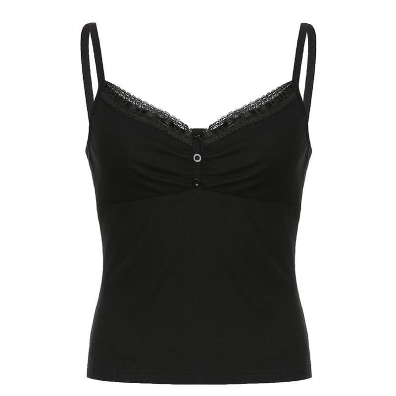 Ribbed Lace Hem V-Neck Backless Cami Top - Y2K Aesthetic Cute Crop for Grunge & Coquette Styles