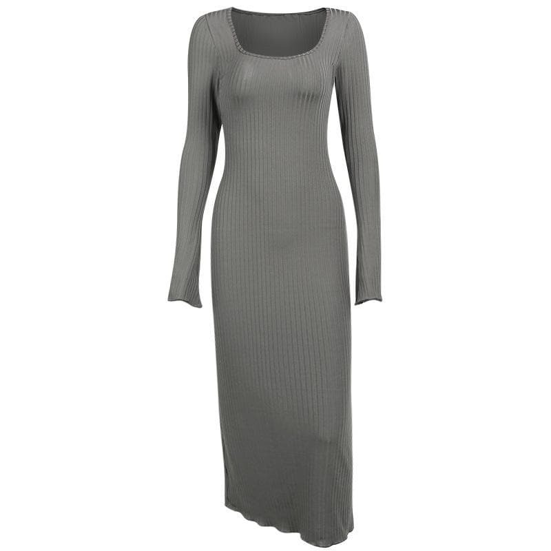 Ribbed Long Flared Sleeve Square Neck Ruffle Maxi Dress - Y2K & Coquette Aesthetic