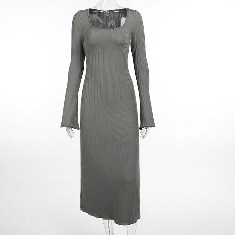 Ribbed Long Flared Sleeve Square Neck Ruffle Maxi Dress - Y2K & Coquette Aesthetic