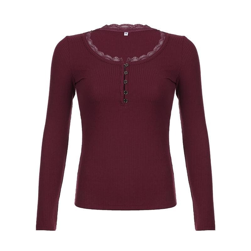 Ribbed Long Sleeve Lace Hem Button Top - Y2K Aesthetic Cute Top for Coquette & Grunge Styles