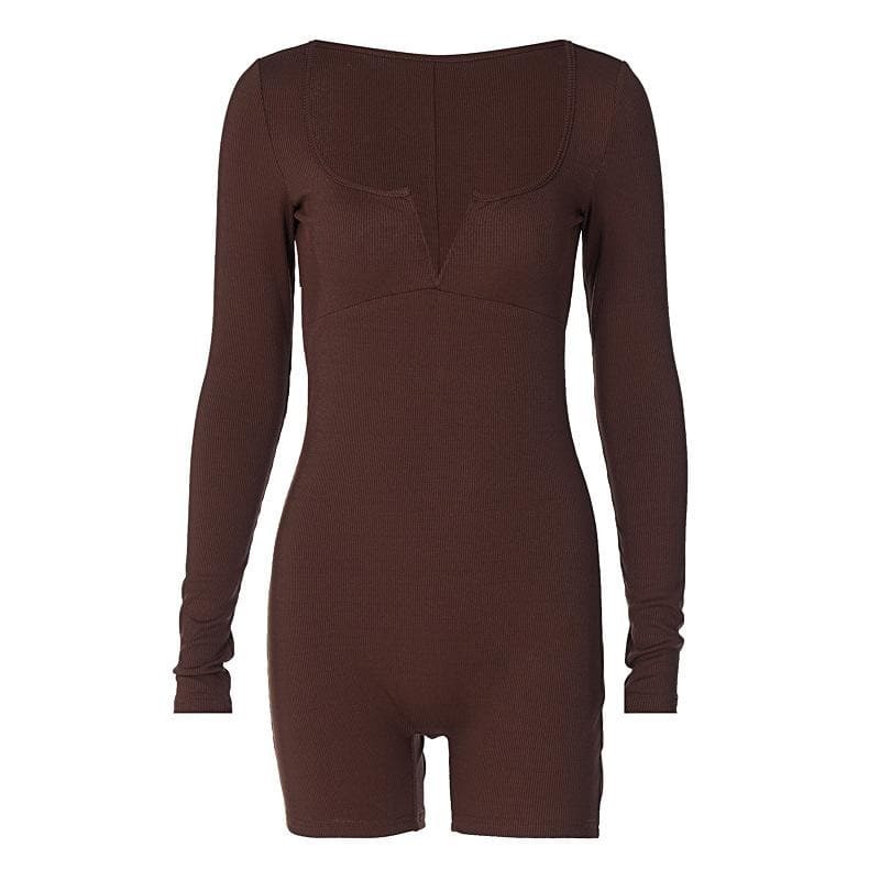 Ribbed Notch Neck Long Sleeve Solid Romper - Y2K Aesthetic, Coquette Style, Comfy Fashion