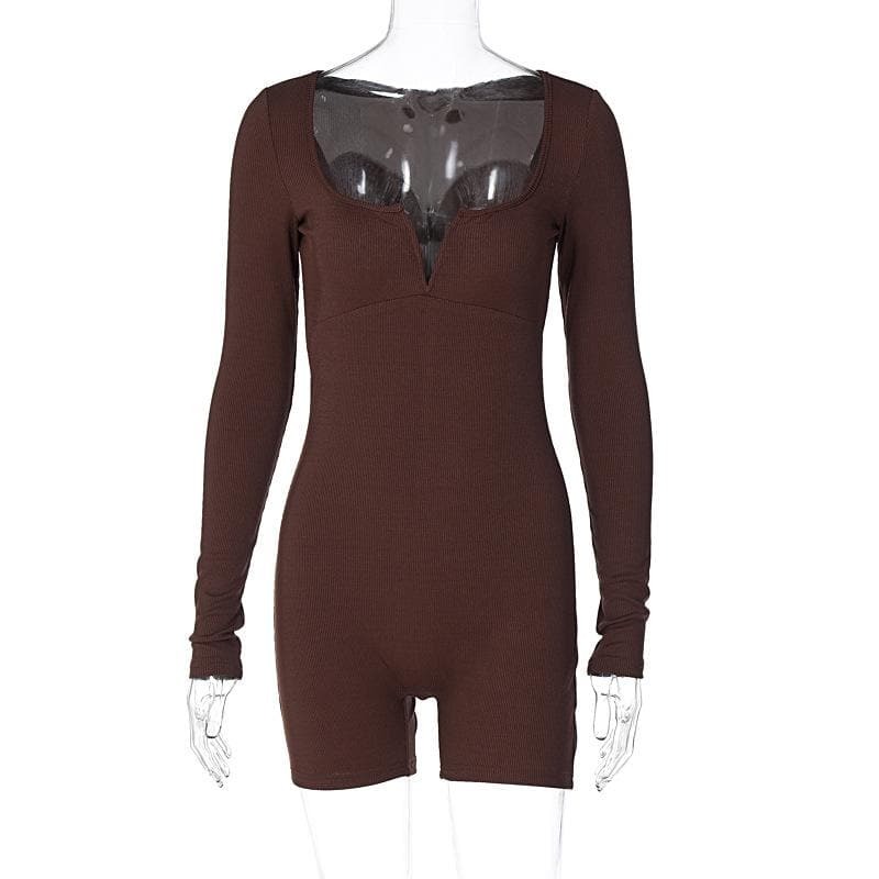 Ribbed Notch Neck Long Sleeve Solid Romper - Y2K Aesthetic, Coquette Style, Comfy Fashion