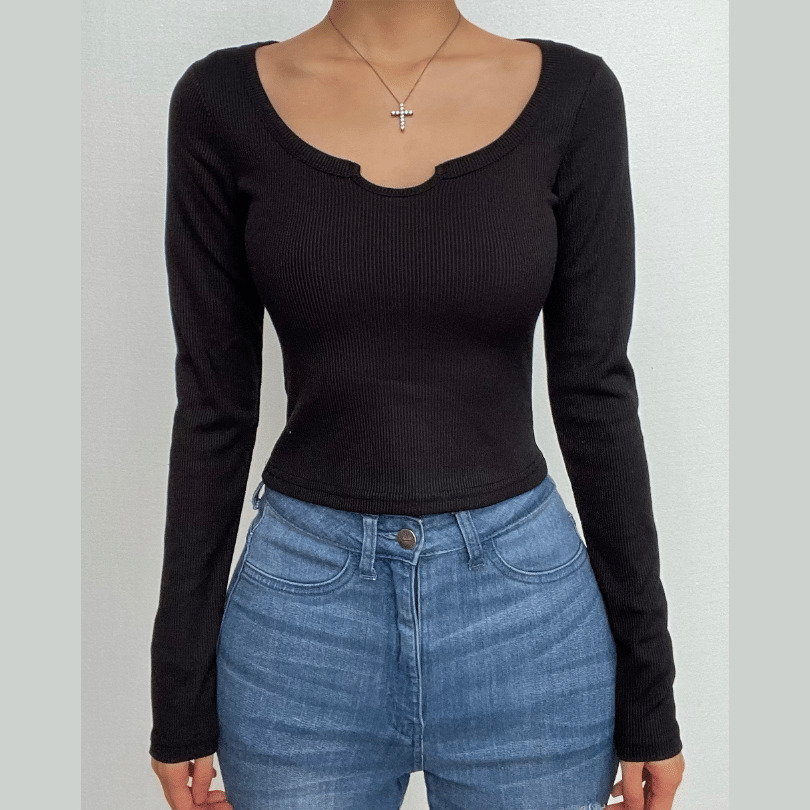 Ribbed Notch Neck Long Sleeve Top - Y2K Aesthetic, Cute & Comfy for Grunge & Coquette Styles
