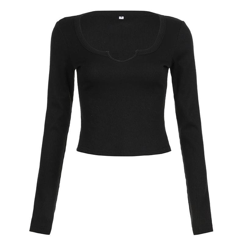 Ribbed Notch Neck Long Sleeve Top - Y2K Aesthetic, Cute & Comfy for Grunge & Coquette Styles