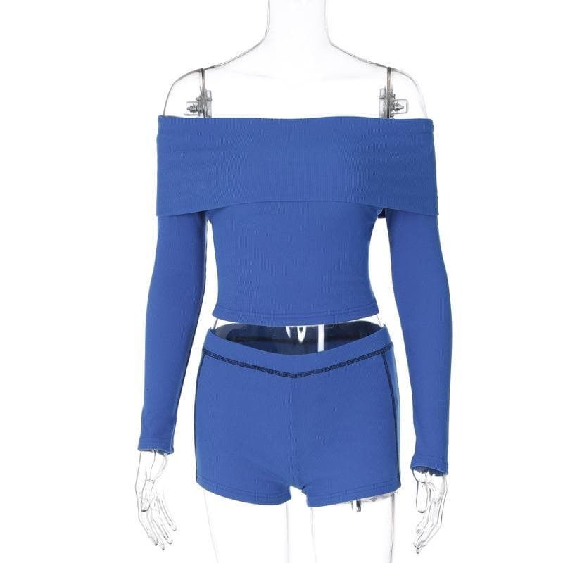 Ribbed Off-Shoulder Long Sleeve Pant Set - Y2K Aesthetic, Coquette Style, Comfy Fashion