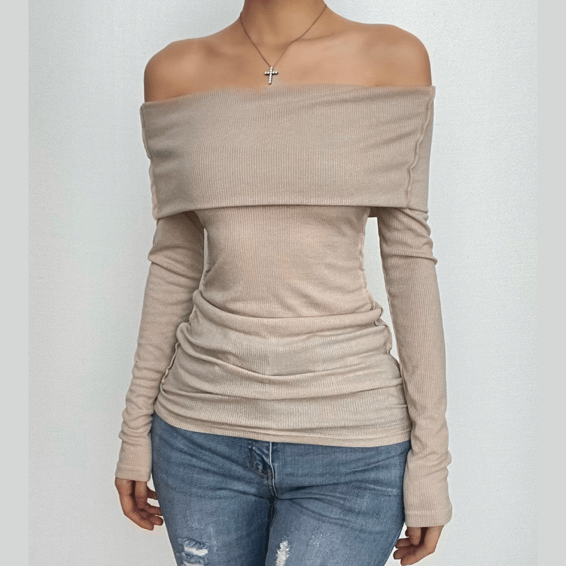 Ribbed Off-Shoulder Long Sleeve Top - Y2K Aesthetic, Cute Crop for Coquette & Grunge Styles