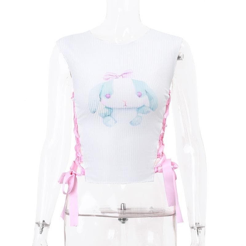 Ribbed Self-Tie Lace-Up Rabbit Pattern Sleeveless Crop Top - Y2K Coquette Aesthetic Fashion