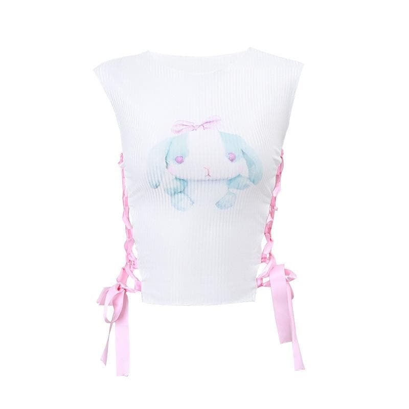 Ribbed Self-Tie Lace-Up Rabbit Pattern Sleeveless Crop Top - Y2K Coquette Aesthetic Fashion