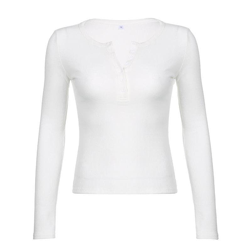 Ribbed Solid Long Sleeve Button Crewneck Top - Y2K Aesthetic Cute Comfy Style