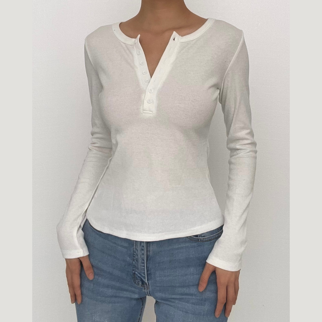 Ribbed Solid Long Sleeve Button Crewneck Top - Y2K Aesthetic Cute Comfy Style