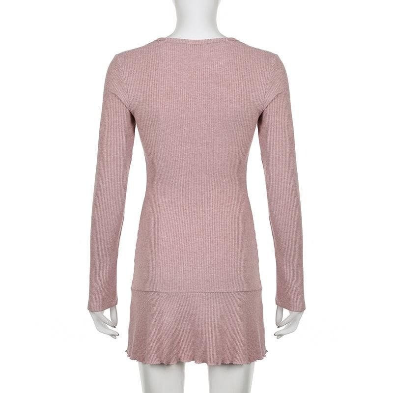 Ribbed Solid Long Sleeve Ruffle Shrug Mini Dress - Y2K Aesthetic Cute Top for Coquette Style
