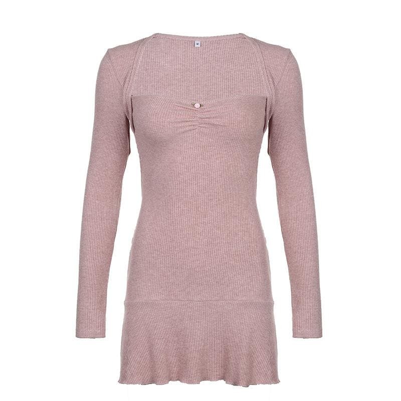 Ribbed Solid Long Sleeve Ruffle Shrug Mini Dress - Y2K Aesthetic Cute Top for Coquette Style