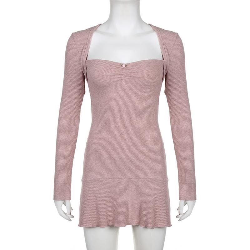 Ribbed Solid Long Sleeve Ruffle Shrug Mini Dress - Y2K Aesthetic Cute Top for Coquette Style