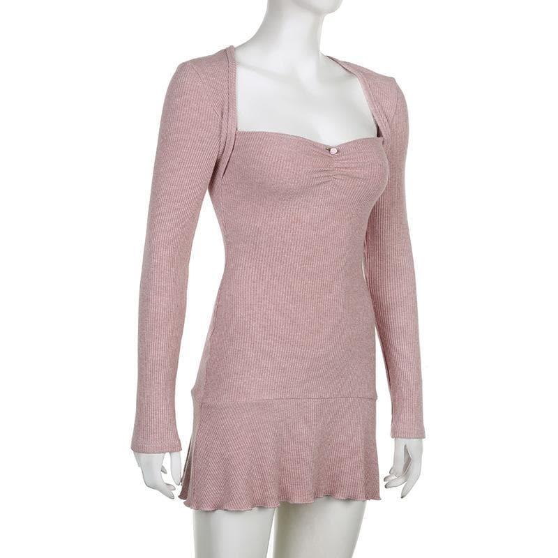 Ribbed Solid Long Sleeve Ruffle Shrug Mini Dress - Y2K Aesthetic Cute Top for Coquette Style