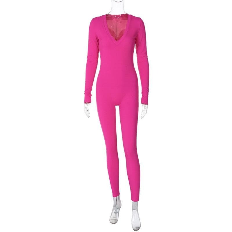 Ribbed Solid Long Sleeve V-Neck Jumpsuit - Y2K Aesthetic, Coquette Style, Comfy Fashion