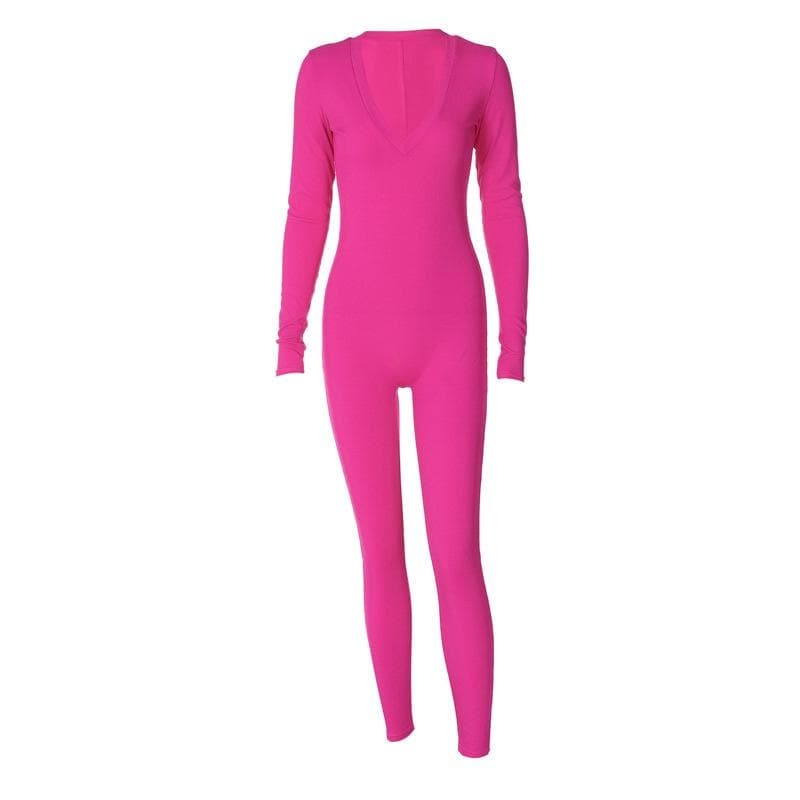Ribbed Solid Long Sleeve V-Neck Jumpsuit - Y2K Aesthetic, Coquette Style, Comfy Fashion