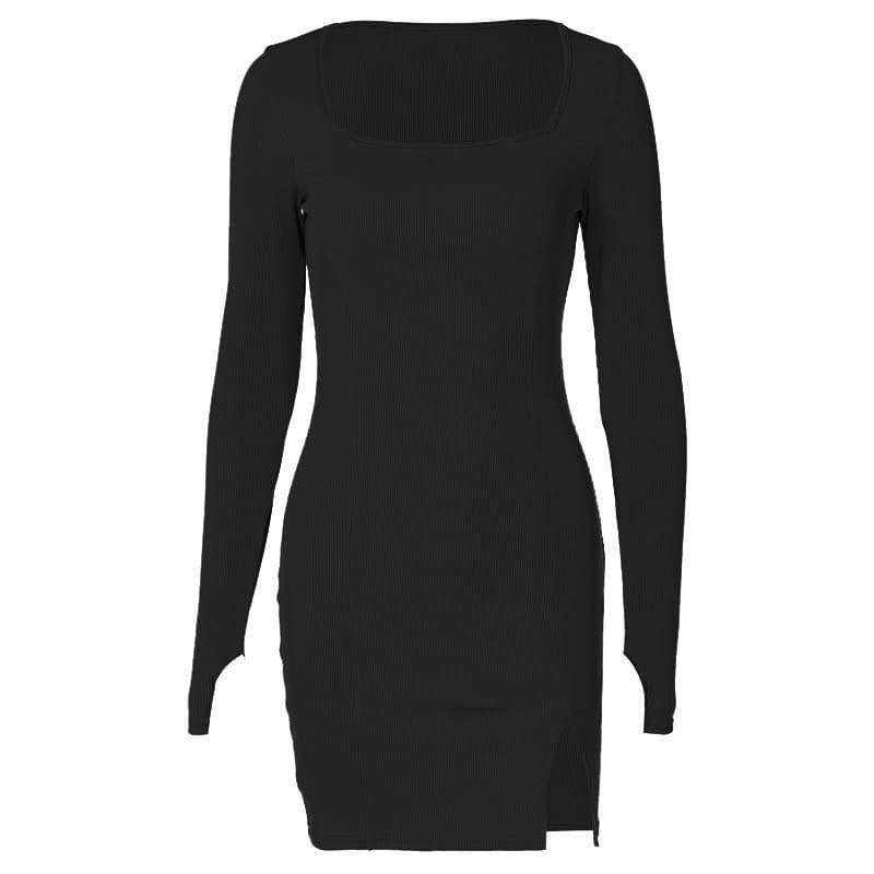 Ribbed Solid Square Neck Long Sleeve Slit Mini Dress - Y2K Aesthetic & Coquette Style