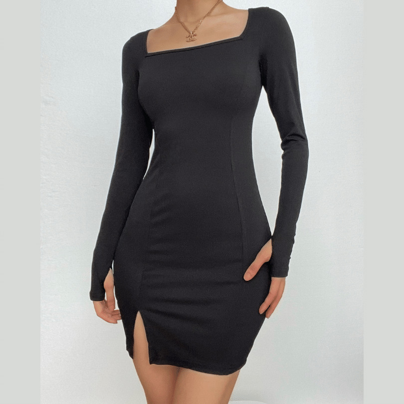 Ribbed Solid Square Neck Long Sleeve Slit Mini Dress - Y2K Aesthetic & Coquette Style