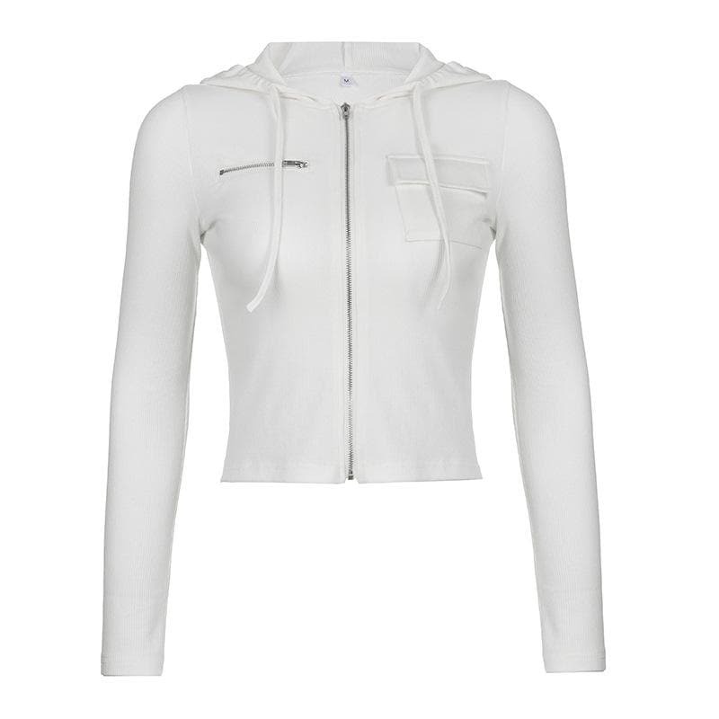 Ribbed Solid Zip-Up Crop Hoodie - Y2K Fashion, Grunge Aesthetic, Cute Comfy Top