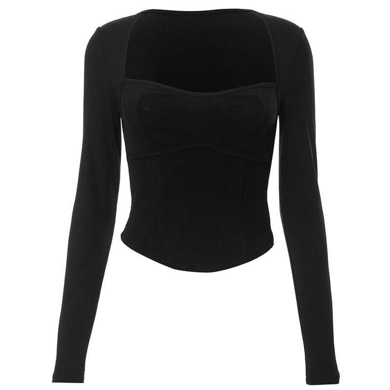 Ribbed Y2K Heart Neck Corset Top - Cute Grunge Aesthetic Long Sleeve Fashion Top