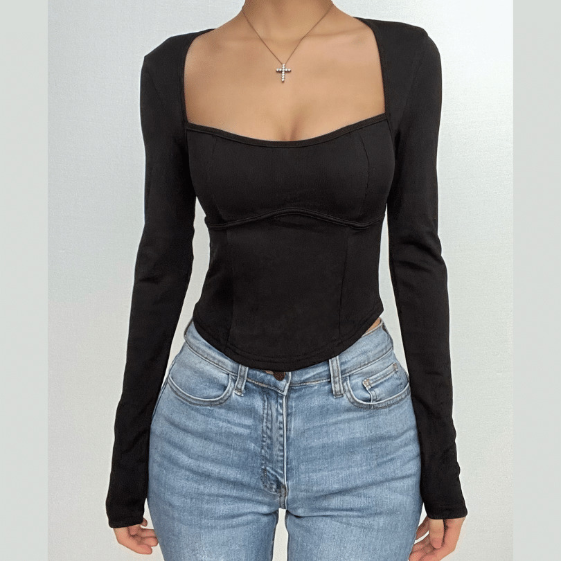 Ribbed Y2K Heart Neck Corset Top - Cute Grunge Aesthetic Long Sleeve Fashion Top