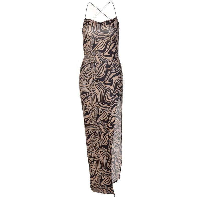 Ripple Contrast Print Backless Midi Dress with Cross Back Slit - Y2K & Coquette Aesthetic