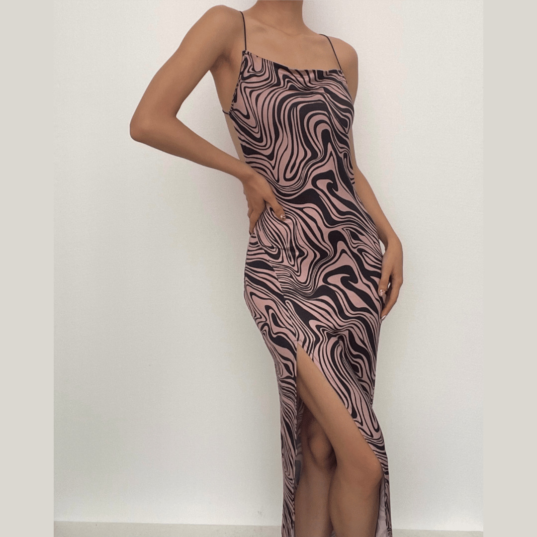 Ripple Contrast Print Backless Midi Dress with Cross Back Slit - Y2K & Coquette Aesthetic