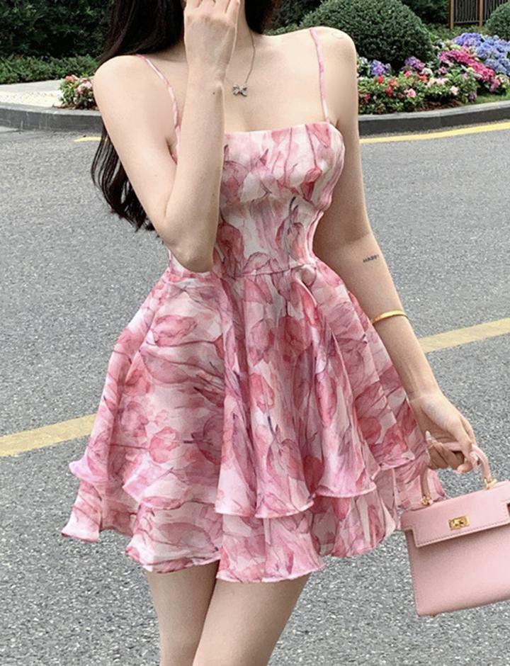 Romantic Tulip Pink Floral Dress with High Waist Sling - Y2K Coquette Aesthetic Style