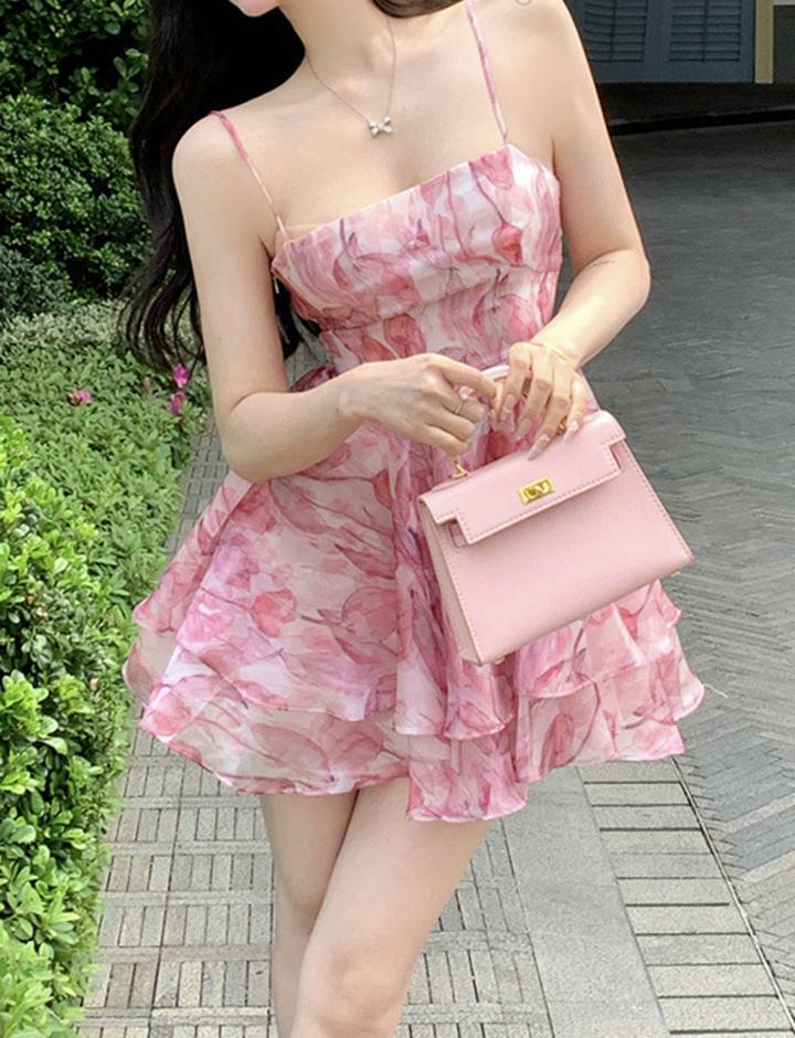 Romantic Tulip Pink Floral Dress with High Waist Sling - Y2K Coquette Aesthetic Style