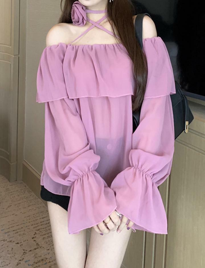 Rose Embellished Strapless Chiffon Halter Neck Top - Y2K Aesthetic Spring Fashion Shirt
