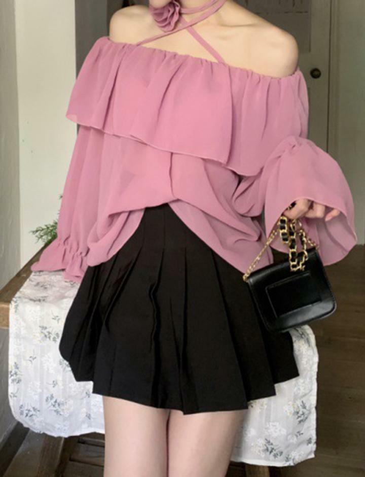 Rose Embellished Strapless Chiffon Halter Neck Top - Y2K Aesthetic Spring Fashion Shirt