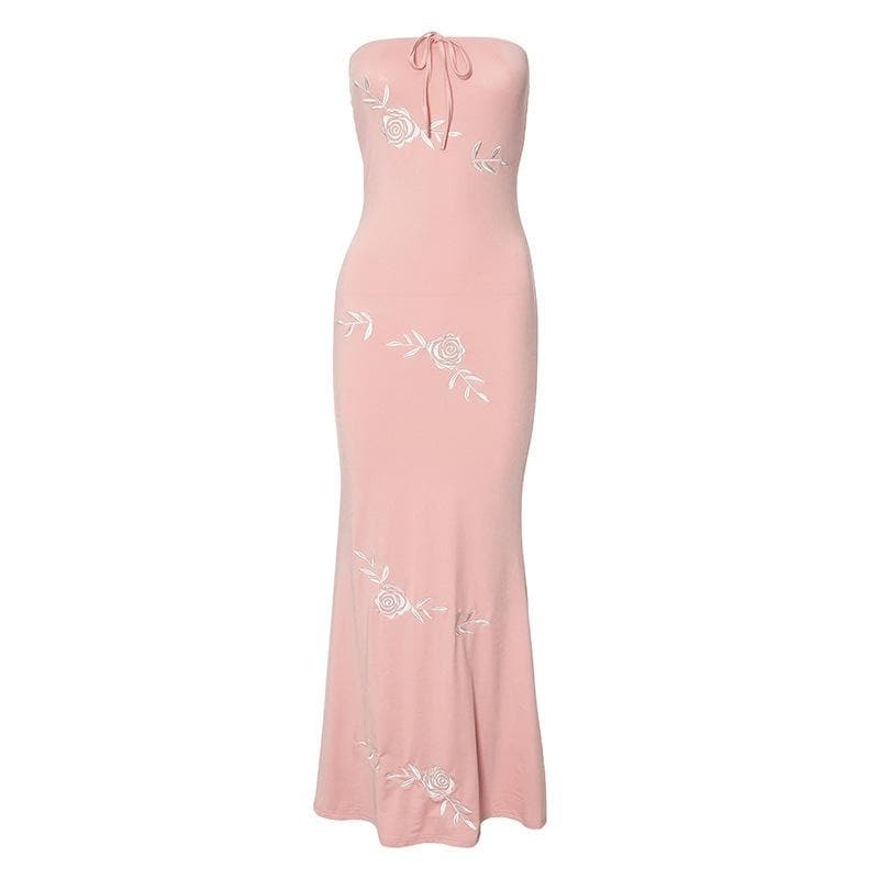 Rose Embroidery Self-Tie Tube Maxi Dress - Y2K Aesthetic, Coquette Style, Cute Summer Fashion