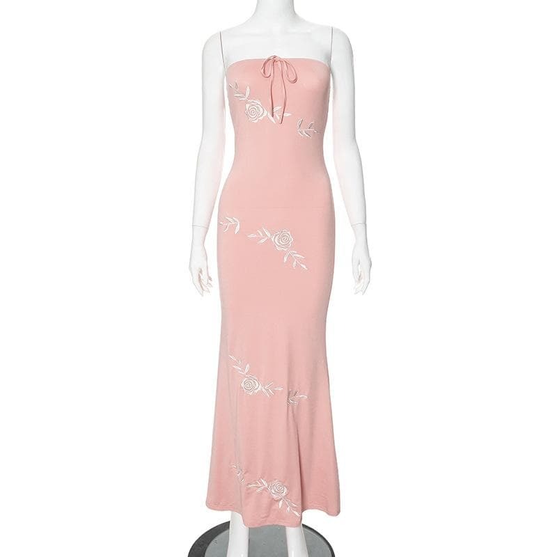 Rose Embroidery Self-Tie Tube Maxi Dress - Y2K Aesthetic, Coquette Style, Cute Summer Fashion