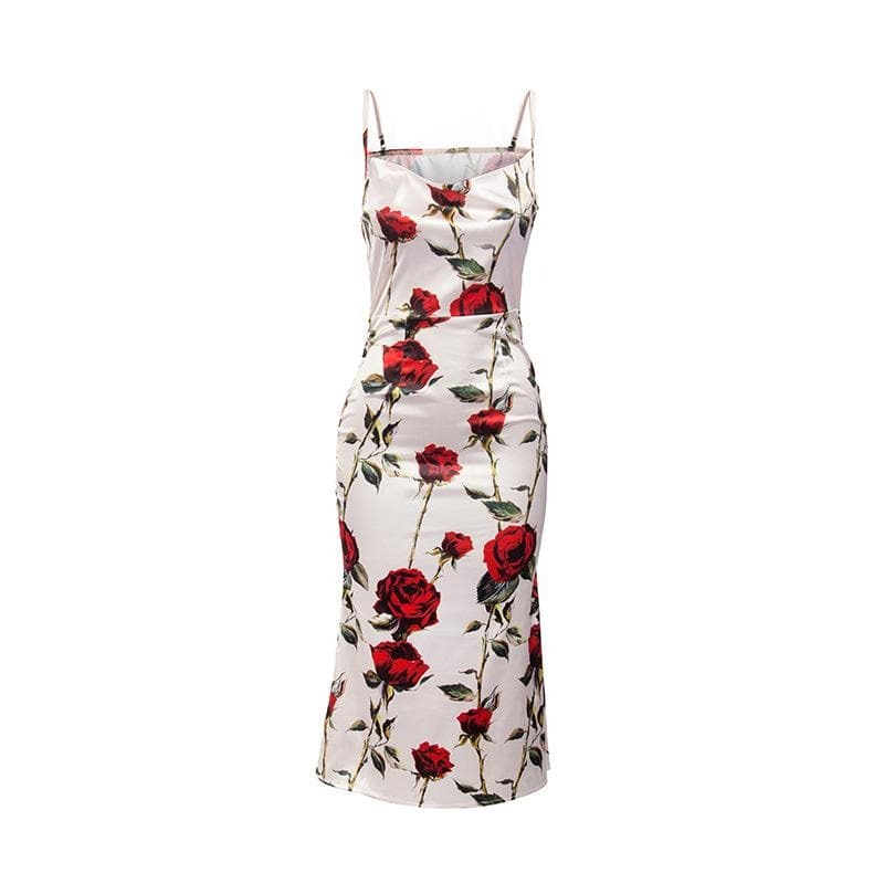 Rose Flower Print Satin Cowl Neck Backless Zip-Up Midi Dress - Y2K Aesthetic Chic Style