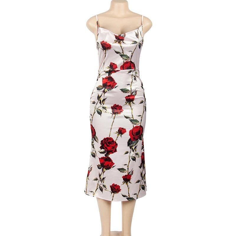 Rose Flower Print Satin Cowl Neck Backless Zip-Up Midi Dress - Y2K Aesthetic Chic Style