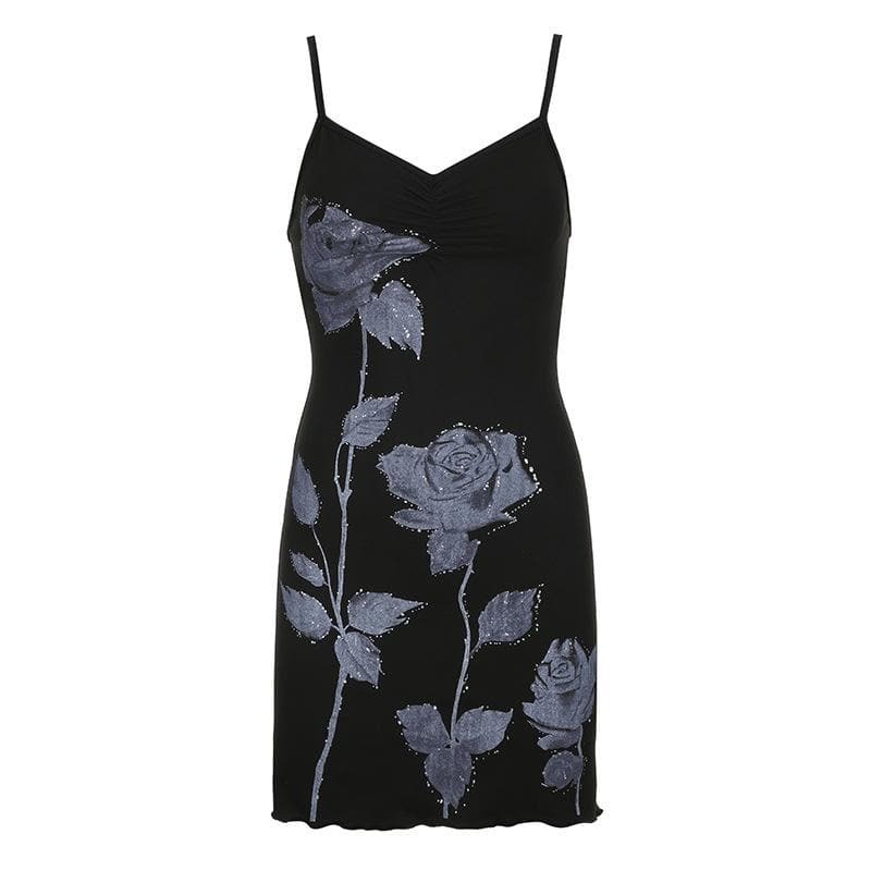 Rose Pattern Contrast V-Neck Backless Cami Mini Dress - Y2K Aesthetic & Coquette Style
