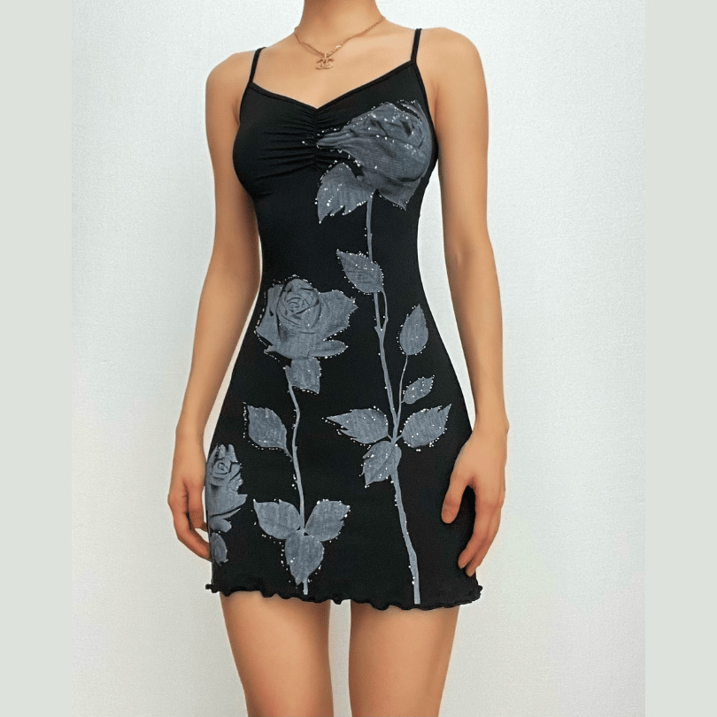 Rose Pattern Contrast V-Neck Backless Cami Mini Dress - Y2K Aesthetic & Coquette Style