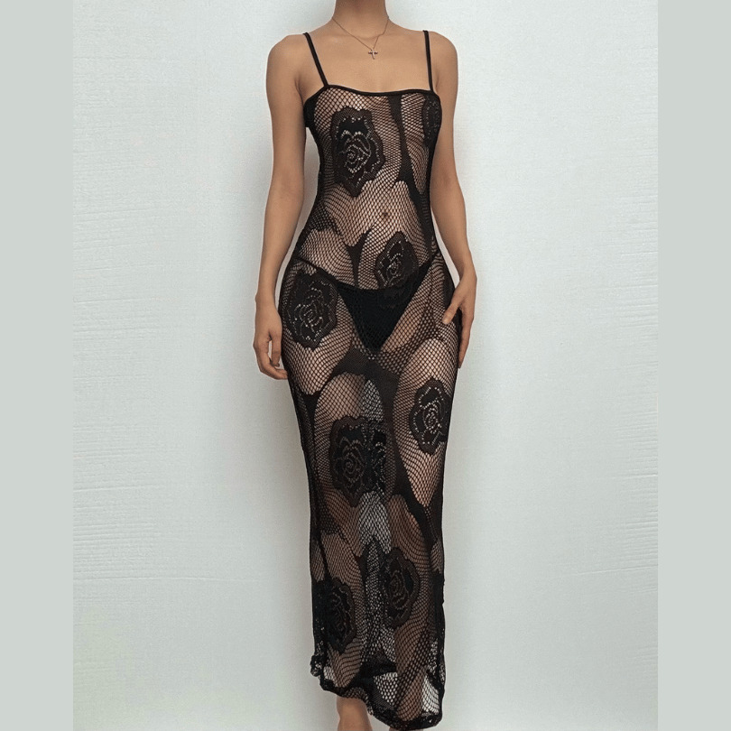 Rose Pattern Fishnet Cami Midi Dress - Y2K Aesthetic, Grunge Style, Coquette Fashion