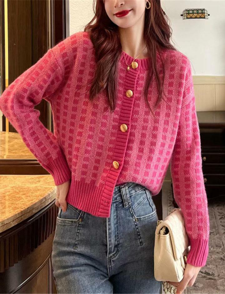 Rose Pink Plaid Knit Cardigan - Y2K Aesthetic Cozy Layering for Preppy & Grunge Styles