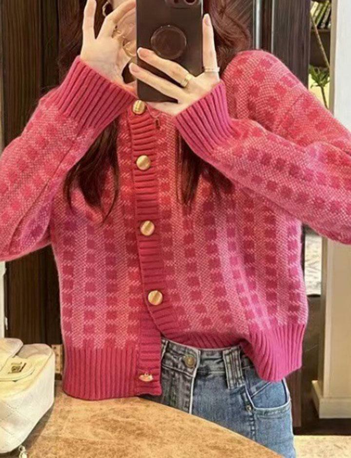 Rose Pink Plaid Knit Cardigan - Y2K Aesthetic Cozy Layering for Preppy & Grunge Styles