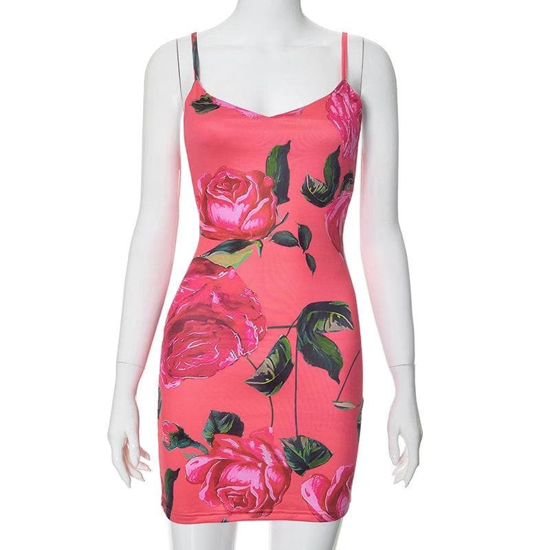 Rose Print Backless Cami Mini Dress - Y2K Aesthetic, Coquette Style, Cute Summer Outfit