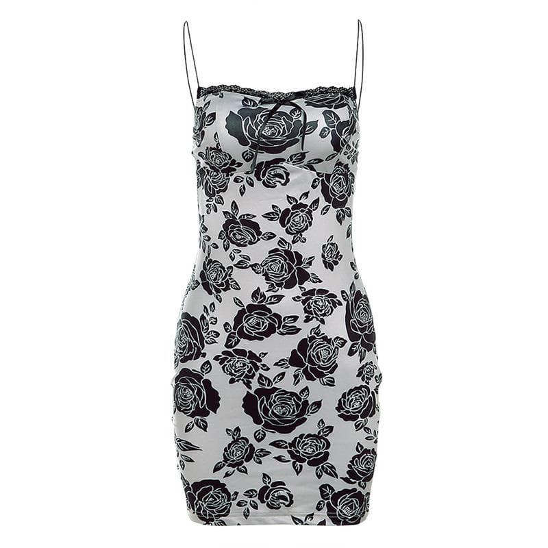 Rose Print Lace Hem Spaghetti Strap Mini Dress - Y2K Coquette Aesthetic Fashion