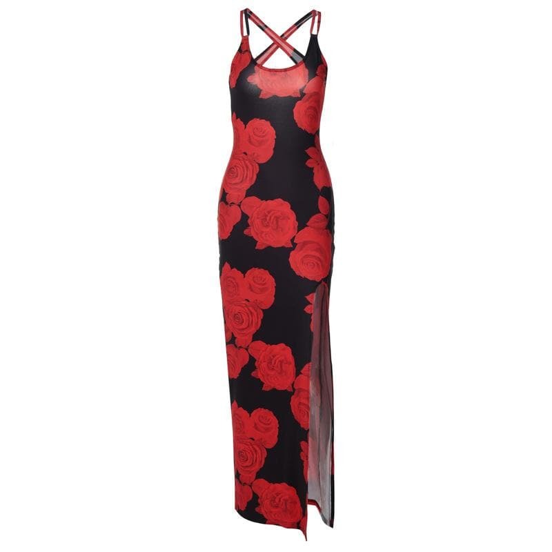 Rose Print U-Neck Slit Cross Back Cami Maxi Dress - Y2K Aesthetic & Coquette Style