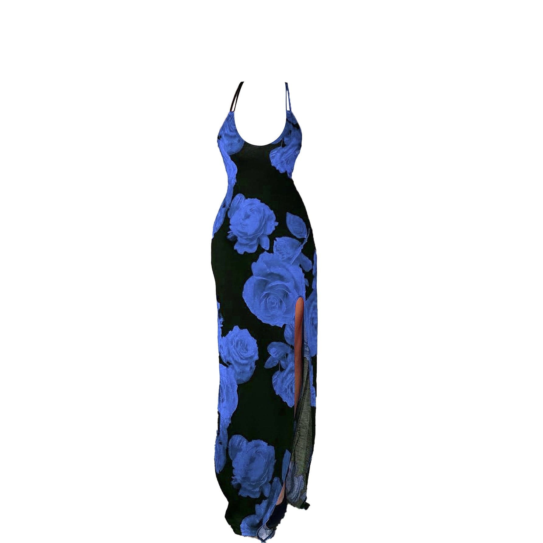Rose Print U-Neck Slit Cross Back Cami Maxi Dress - Y2K Aesthetic & Coquette Style