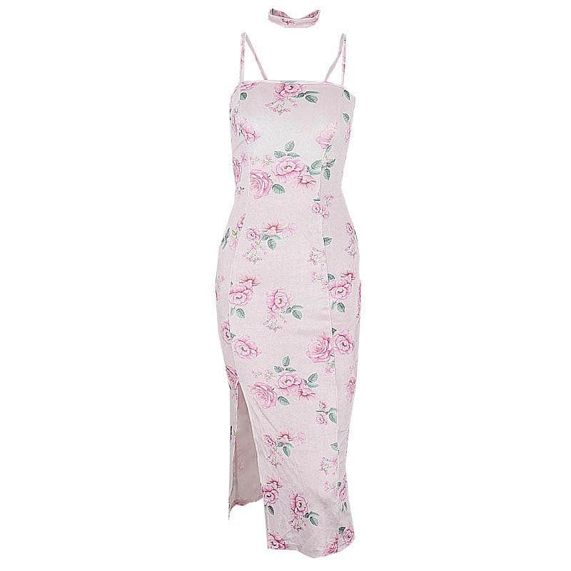 Rose Print Velvet Backless Slit Midi Dress - Y2K Aesthetic Coquette Style for Chic Looks