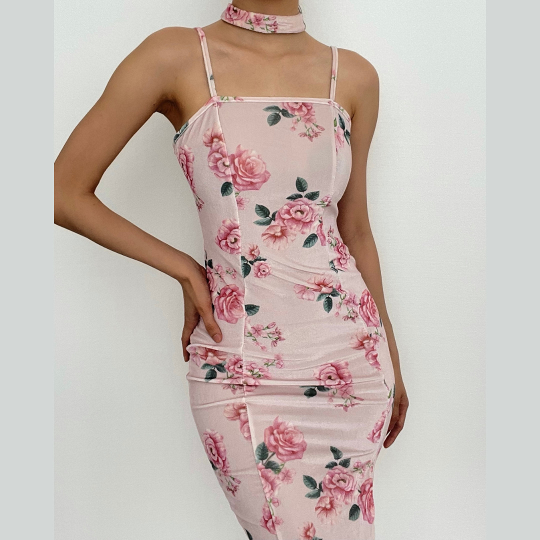 Rose Print Velvet Backless Slit Midi Dress - Y2K Aesthetic Coquette Style for Chic Looks